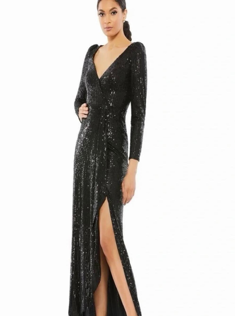 Ieena for Mac Duggal 26395 Sequin Faux-Wrap Gown – Black – Size 2